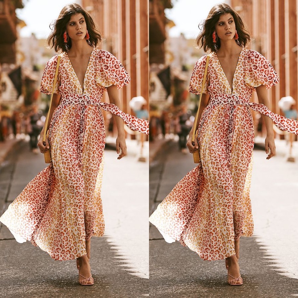 Rococo Sand Avana Leopard Print Pleated Maxi Dress